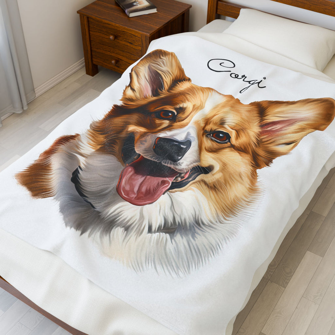 Corgi Velveteen Plush Blanket with White Background - 3 Sizes available cozy throw dog lover - Pet mom gift - Pembroke Welsh Corgi