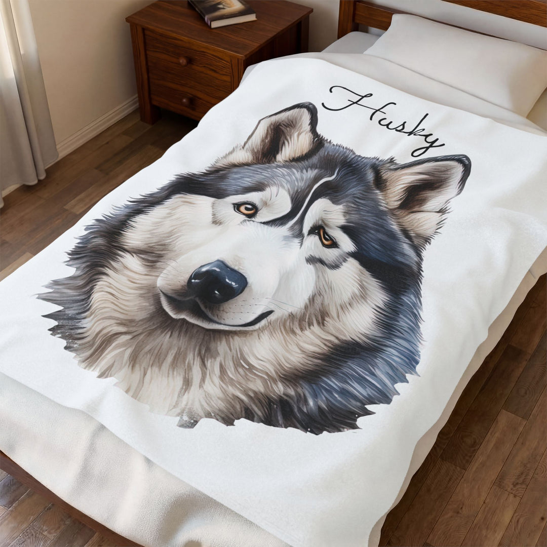 Siberian Husky Face Cozy Velveteen Blanket | Plush Throw, Dog Portrait - Embellish by Jackie - Handmade Greeting Cards