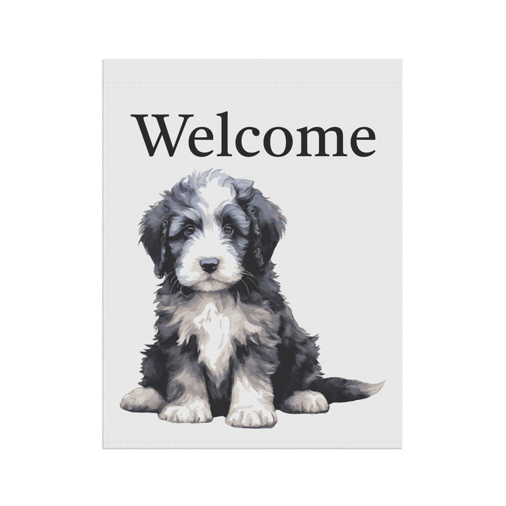 Sheepie Welcome House Banner Flag - Black and White Sheepadoodle Puppy