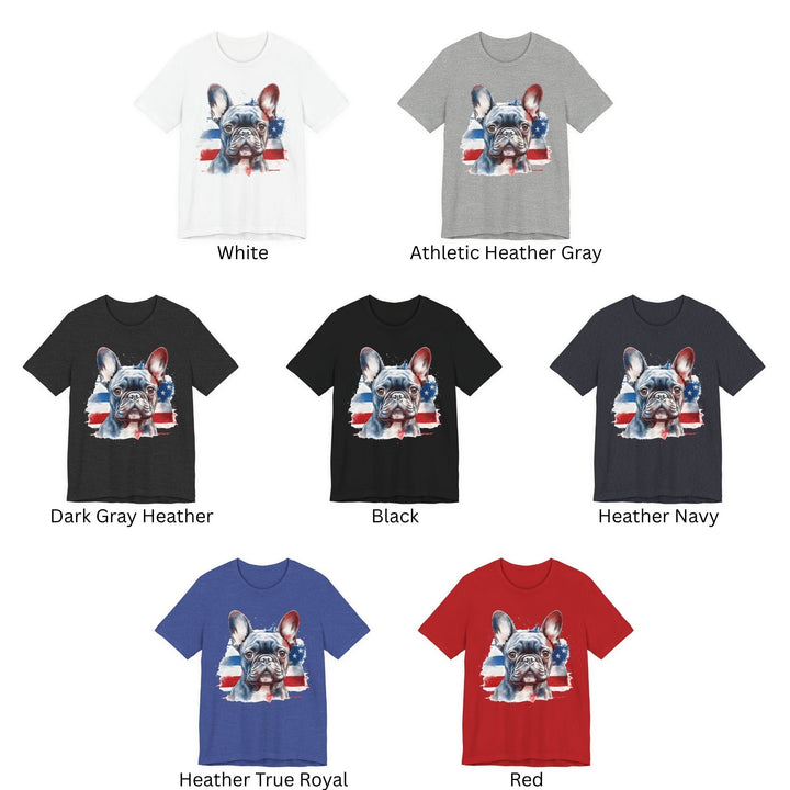 Patriotic French Bulldog T-Shirt | Dark Bulldog with Red White and Blue Design - Embellish by Jackie - Handmade Greeting Cards