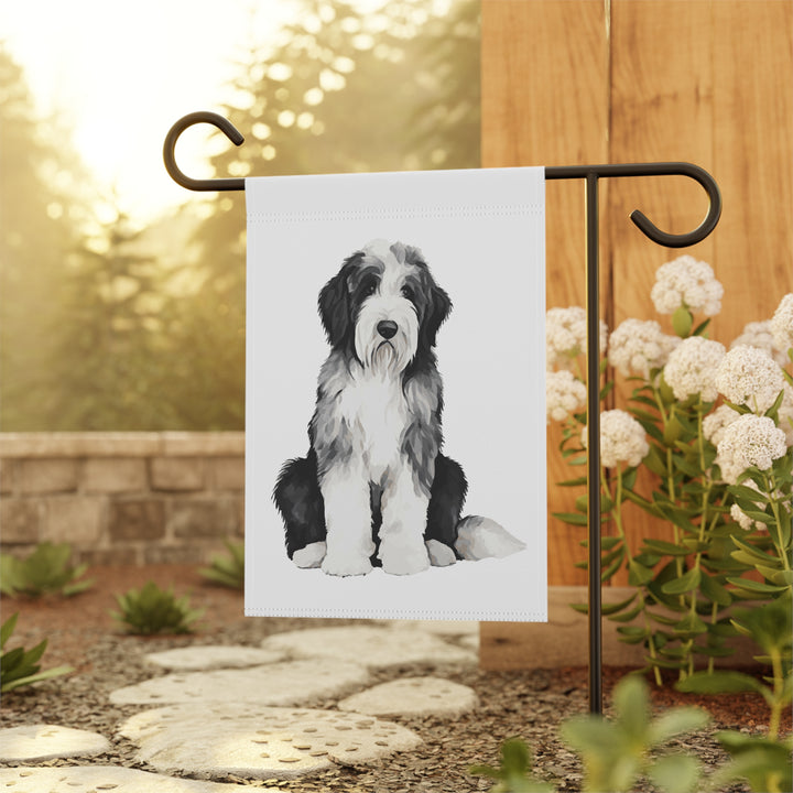 Sitting Sheepie Black and White Sheepadoodle - Garden Banner Flag - Cute Watercolor Dog themed - Old English Sheepdog