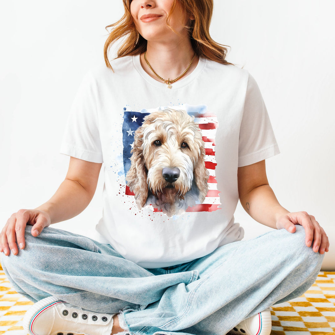 Golden Doodle with American Flag Tee | Dog USA Flag Shirt - Embellish by Jackie - Handmade Greeting Cards