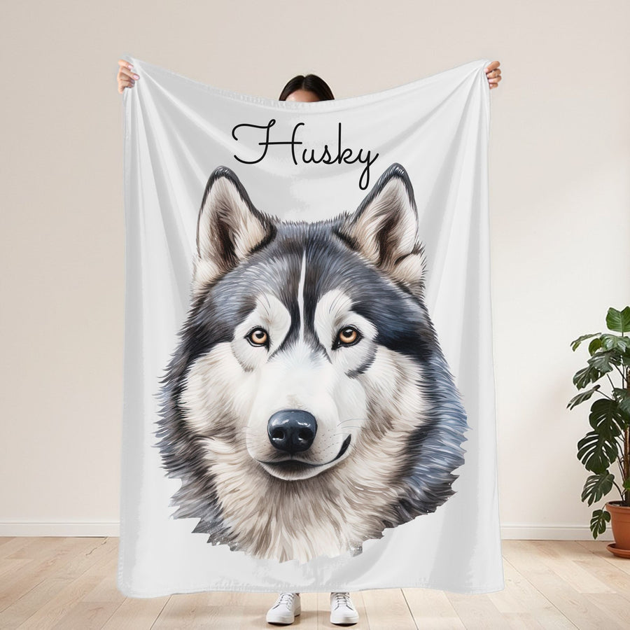Siberian Husky Face Cozy Velveteen Blanket | Plush Throw, Dog Portrait - Embellish by Jackie - Handmade Greeting Cards