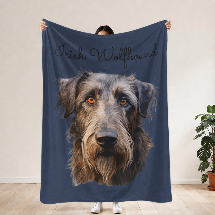 Irish Wolfhound Portrait Velveteen Plush Blanket | Gray Blue Background