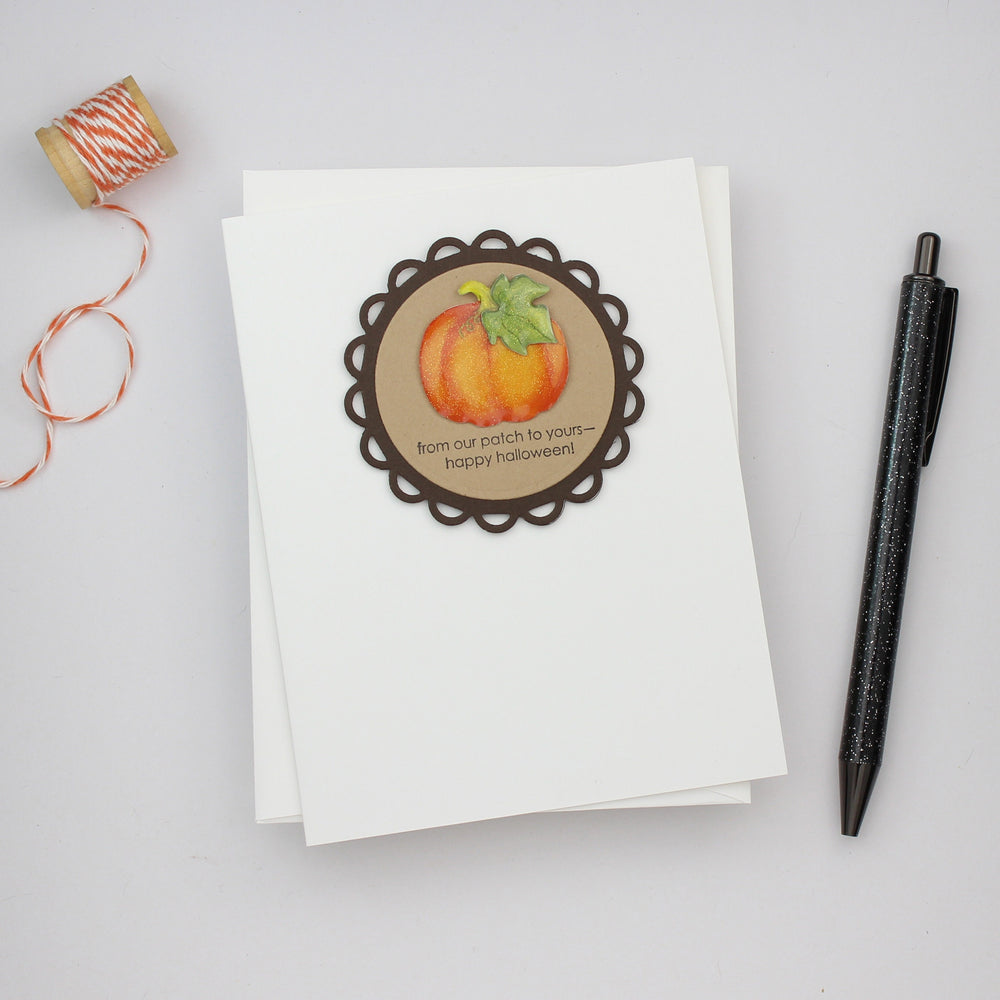 Pumpkin Fall Greeting Card | Handmade Halloween Notecard | Pumpkin patch themed | White base with envelope | Scallop embellishment