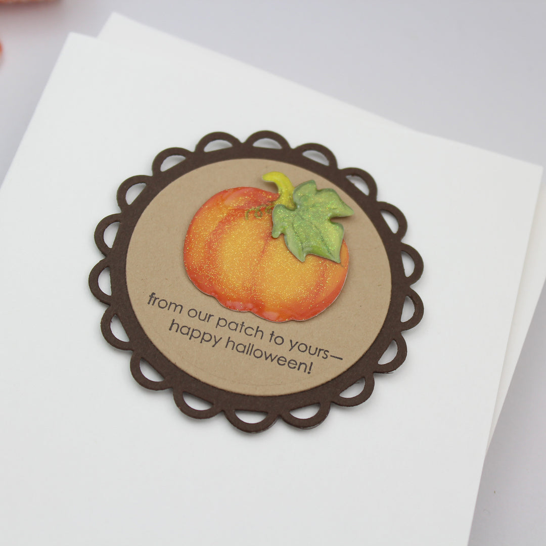 Pumpkin Fall Greeting Card | Handmade Halloween Notecard | Pumpkin patch themed | White base with envelope | Scallop embellishment