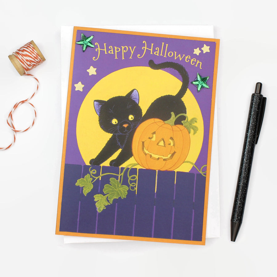 Black Cat and Pumpkin Halloween Card | Happy Halloween Handmade Recycled Greeting Card | Gift for kids