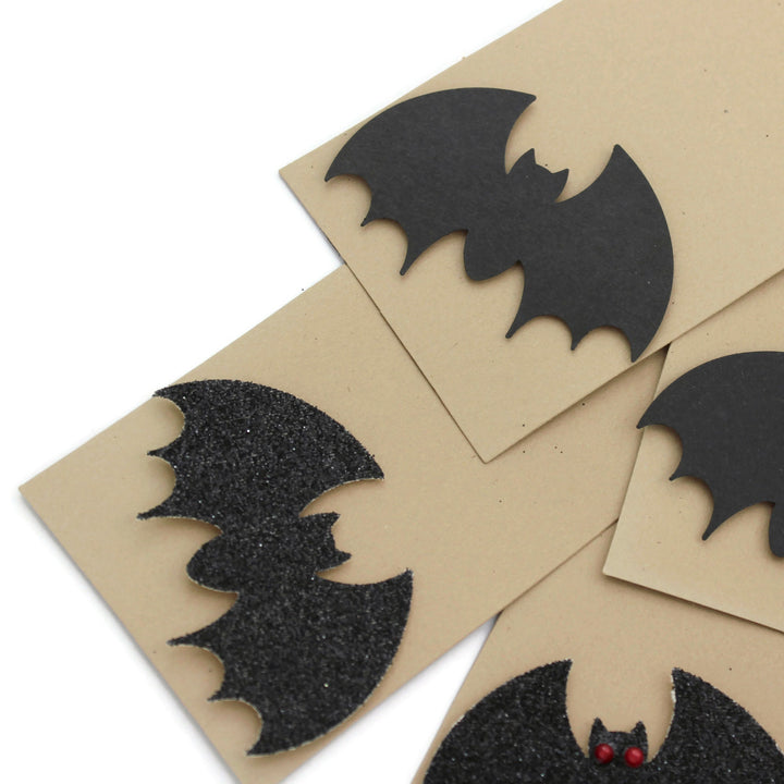 Bat Halloween Tags Pack of 6 | Handmade Holiday Tag Set | Kraft Brown paper black bat red eyes | Sheer Ribbon | Halloween decor