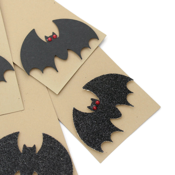 Bat Halloween Tags Pack of 6 | Handmade Holiday Tag Set | Kraft Brown paper black bat red eyes | Sheer Ribbon | Halloween decor