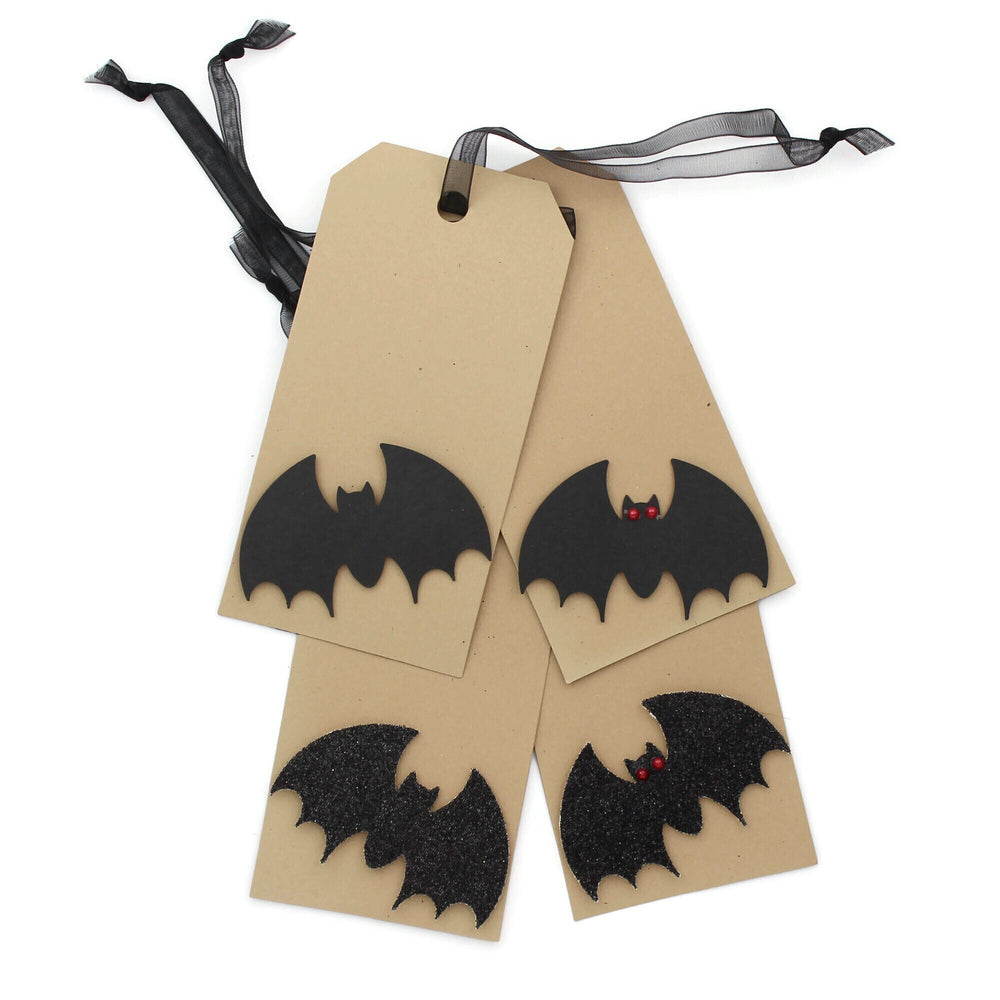 Bat Halloween Tags Pack of 6 | Handmade Holiday Tag Set | Kraft Brown paper black bat red eyes | Sheer Ribbon | Halloween decor