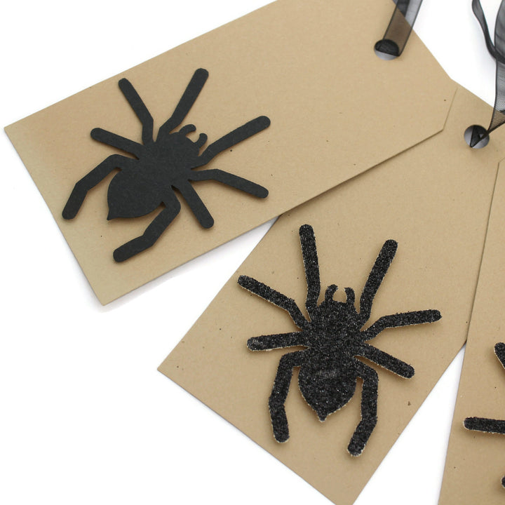 Spider Halloween Tags Pack of 6 | Handmade Holiday Tag Set | Kraft Brown paper black spider red eyes | Sheer Ribbon | Halloween decor
