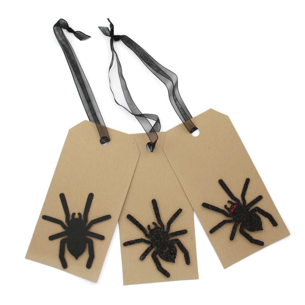 Spider Halloween Tags Pack of 6 | Handmade Holiday Tag Set | Kraft Brown paper black spider red eyes | Sheer Ribbon | Halloween decor