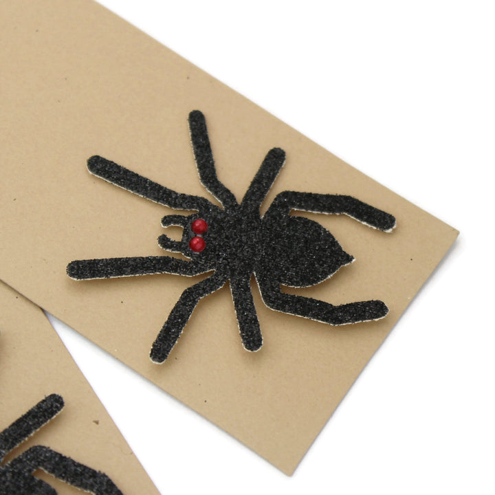 Spider Halloween Tags Pack of 6 | Handmade Holiday Tag Set | Kraft Brown paper black spider red eyes | Sheer Ribbon | Halloween decor