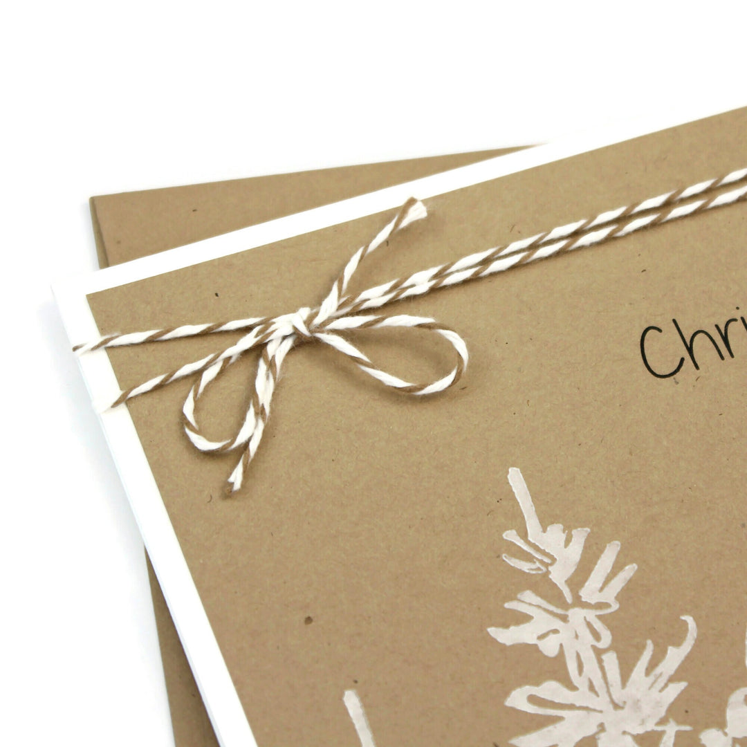 White Tree Christmas Cards | Green or Brown | Pack of 10 | Handmade Holiday Notecards | Stamped Trees Bakers Twine | Christmas Wishes