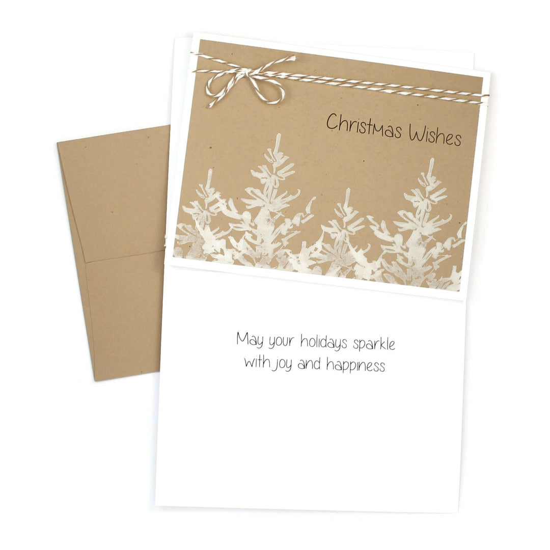 White Tree Christmas Cards | Green or Brown | Pack of 10 | Handmade Holiday Notecards | Stamped Trees Bakers Twine | Christmas Wishes