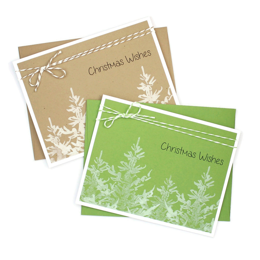 White Tree Christmas Cards | Green or Brown | Pack of 10 | Handmade Holiday Notecards | Stamped Trees Bakers Twine | Christmas Wishes
