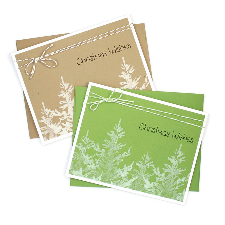 White Tree Christmas Cards | Green or Brown | Pack of 10 | Handmade Holiday Notecards | Stamped Trees Bakers Twine | Christmas Wishes