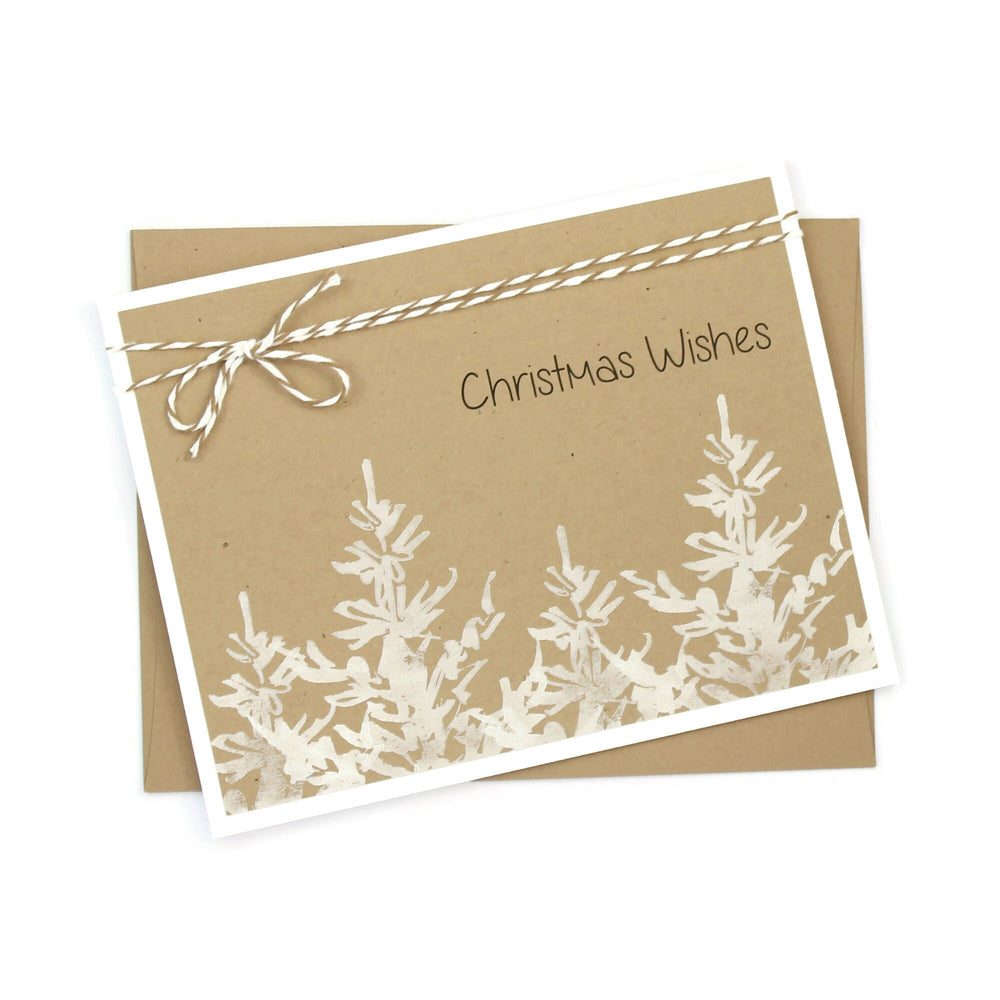 White Tree Christmas Cards | Green or Brown | Pack of 10 | Handmade Holiday Notecards | Stamped Trees Bakers Twine | Christmas Wishes