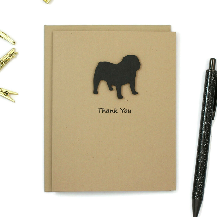 Bulldog Thank You Greeting Card Single | Handmade Black Dog Blank Notecard | Kraft Brown with Envelope | English Bulldog Lover