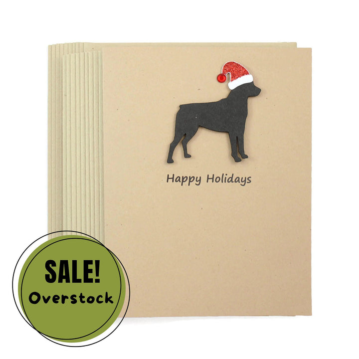 Rottweiler Christmas Greeting Cards Pack of 10 | Handmade Rottie Black Dog Holiday Boxed Set | Sparkly Santa Hat Kraft Brown Envelopes