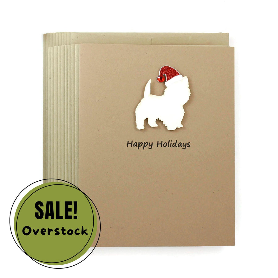 West Highland White Terrier Christmas Cards Pack of 10 | Westie Holiday Notecards | Dog Greeting with Sparkly Santa hat | Kraft Brown