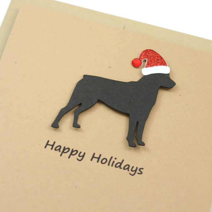 Rottweiler Christmas Greeting Cards Pack of 10 | Handmade Rottie Black Dog Holiday Boxed Set | Sparkly Santa Hat Kraft Brown Envelopes