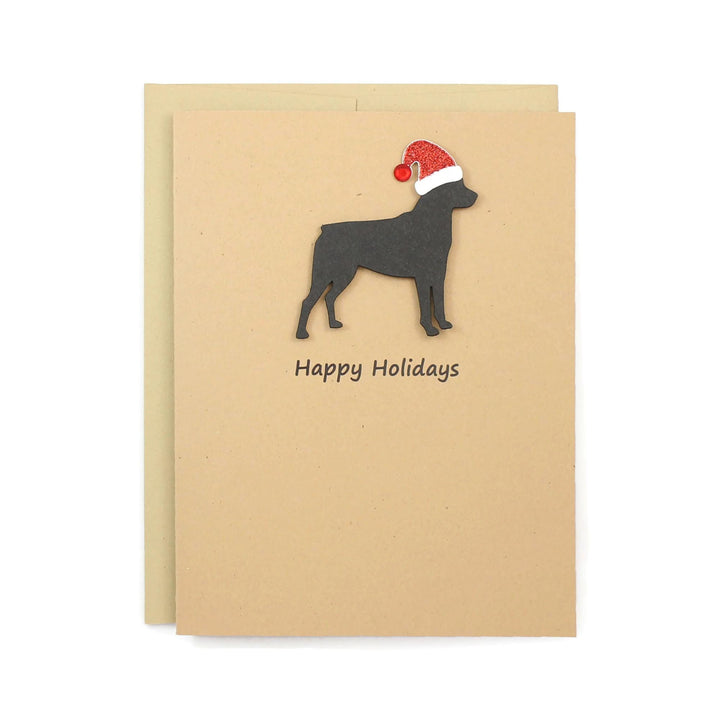 Rottweiler Christmas Greeting Cards Pack of 10 | Handmade Rottie Black Dog Holiday Boxed Set | Sparkly Santa Hat Kraft Brown Envelopes