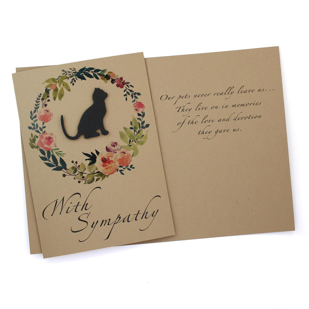 Black Cat Floral Wreath Sympathy Card | Kitty Silhouette | Handmade 5x7 Pet Condolences Greeting | Kraft Brown | Discount Overstock