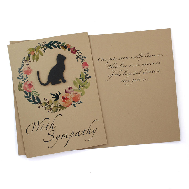 Black Cat Floral Wreath Sympathy Card | Kitty Silhouette | Handmade 5x7 Pet Condolences Greeting | Kraft Brown | Discount Overstock