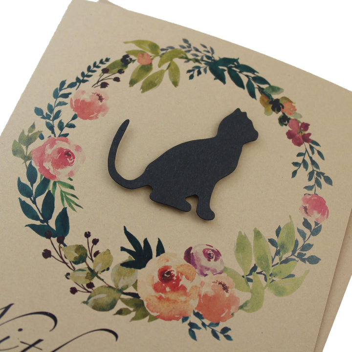 Black Cat Floral Wreath Sympathy Card | Kitty Silhouette | Handmade 5x7 Pet Condolences Greeting | Kraft Brown | Discount Overstock