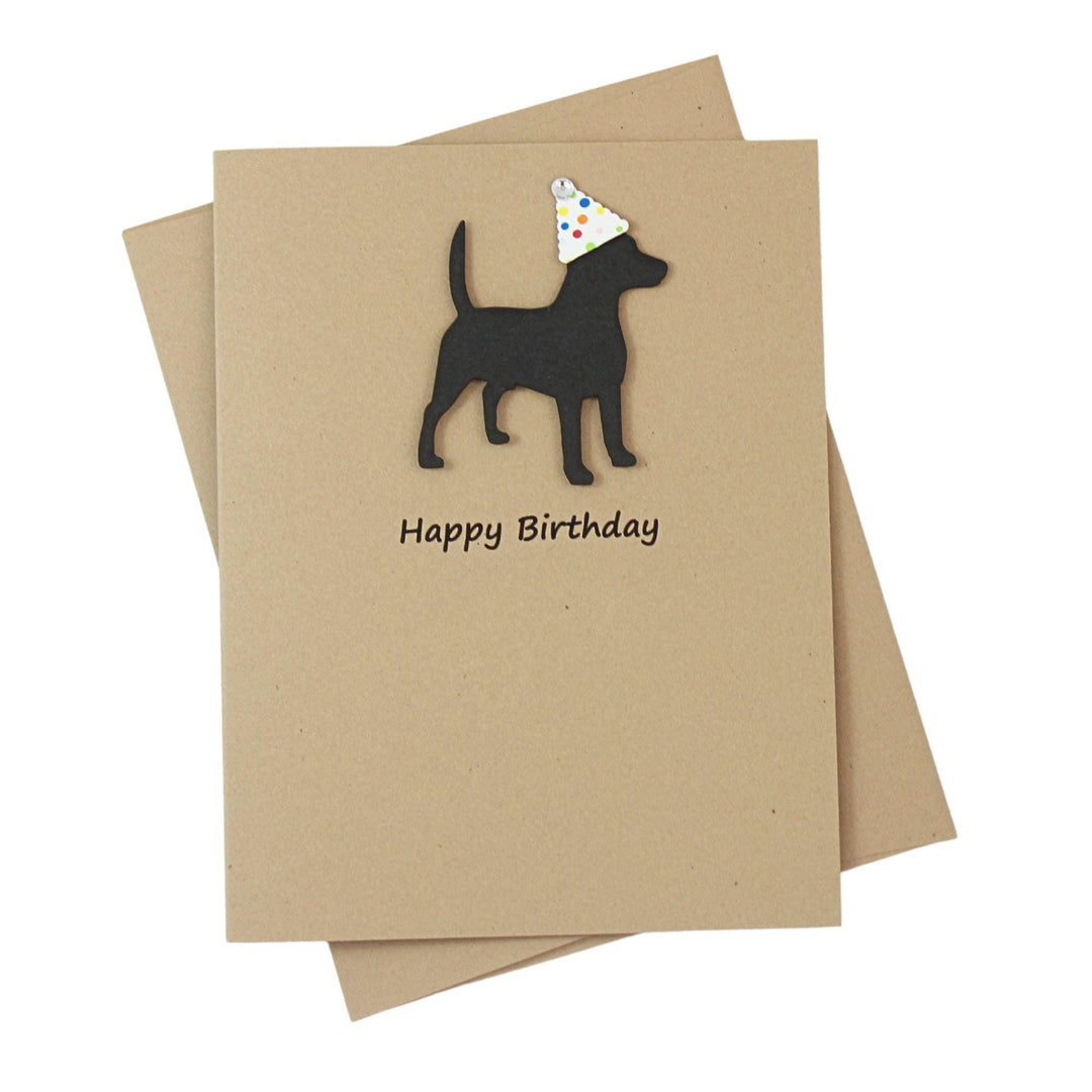 Beagle Birthday Card Single | Handmade Dog Birthday Greeting Card | Confetti Party Hat | Black Dog Silhouette | Kraft Brown Envelope
