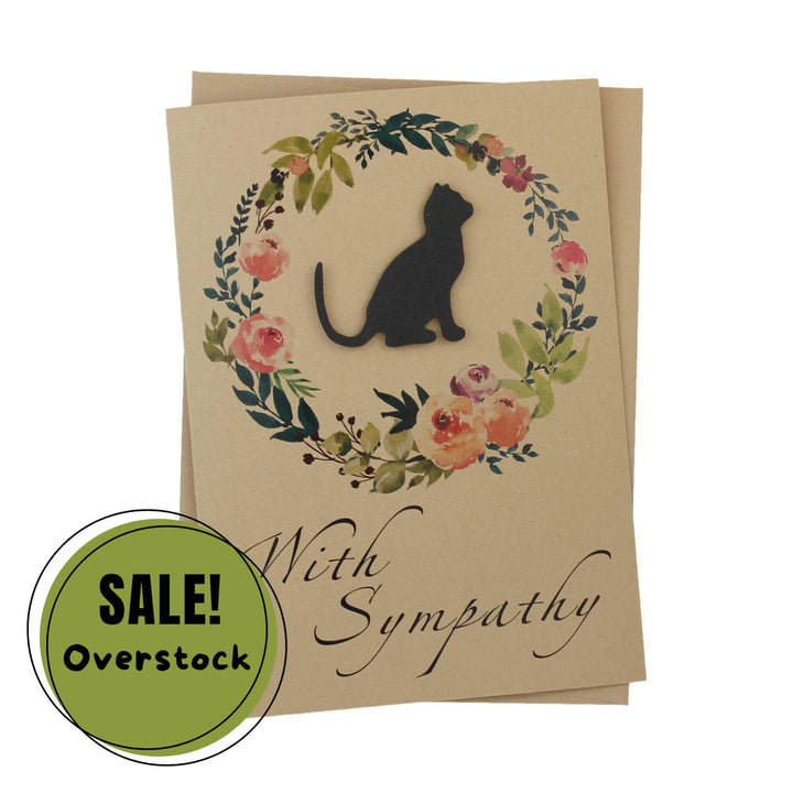 Black Cat Floral Wreath Sympathy Card | Kitty Silhouette | Handmade 5x7 Pet Condolences Greeting | Kraft Brown | Discount Overstock