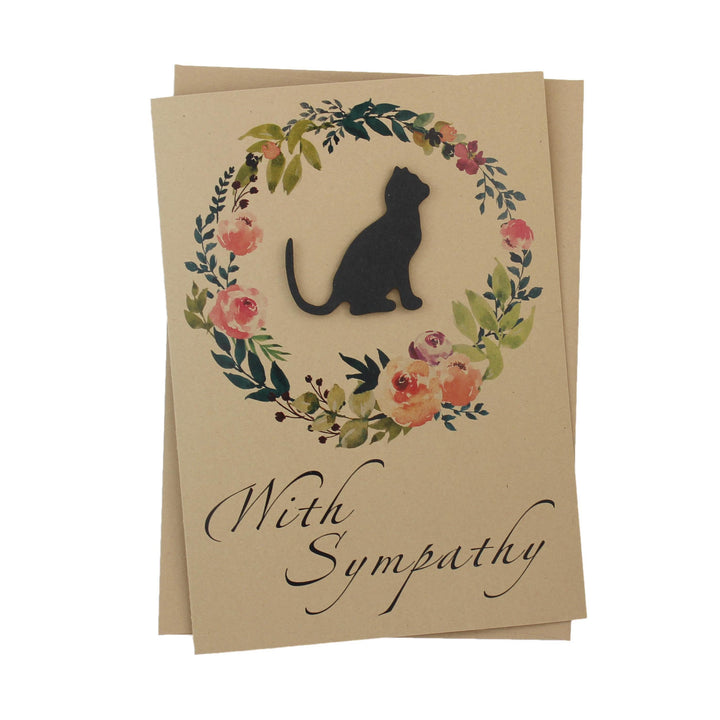 Black Cat Floral Wreath Sympathy Card | Kitty Silhouette | Handmade 5x7 Pet Condolences Greeting | Kraft Brown | Discount Overstock