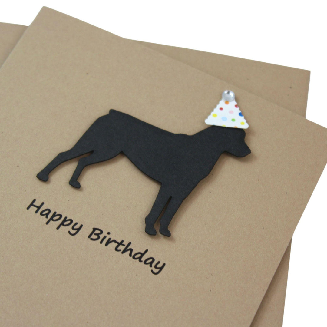 Rottweiler Birthday Card Single | Handmade Dog Birthday Greeting Card | Confetti Party Hat | Black Dog Silhouette | Kraft Brown Rottie