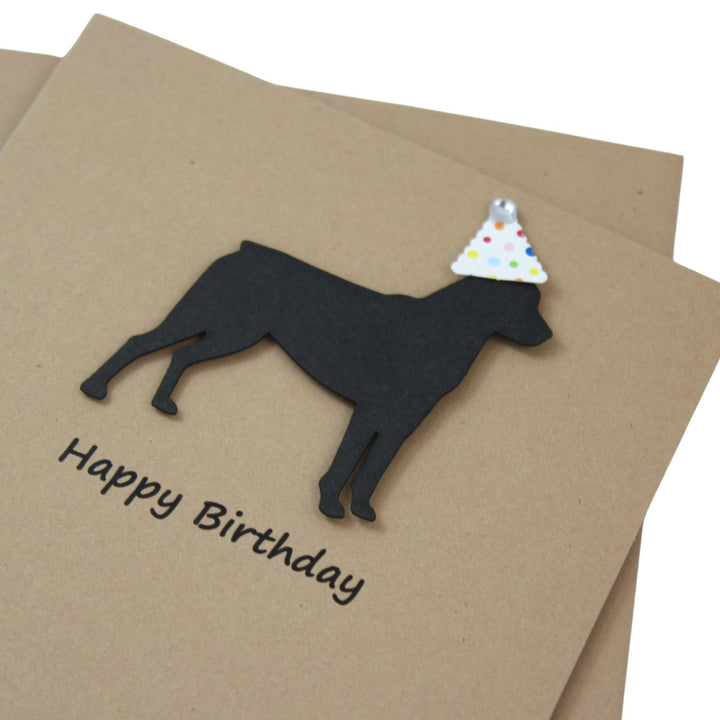 Rottweiler Birthday Card Single | Handmade Dog Birthday Greeting Card | Confetti Party Hat | Black Dog Silhouette | Kraft Brown Rottie