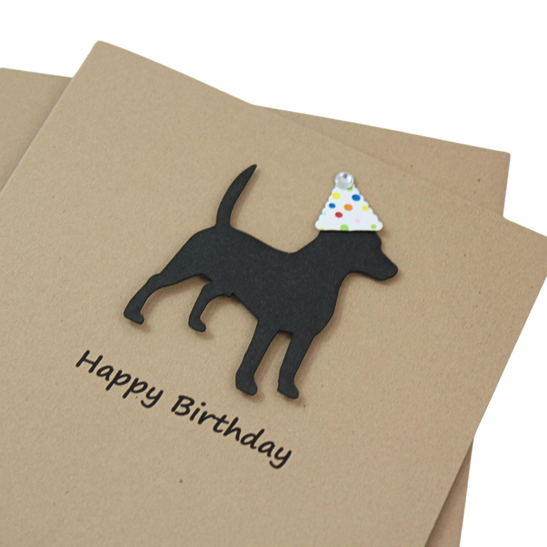 Beagle Birthday Card Single | Handmade Dog Birthday Greeting Card | Confetti Party Hat | Black Dog Silhouette | Kraft Brown Envelope