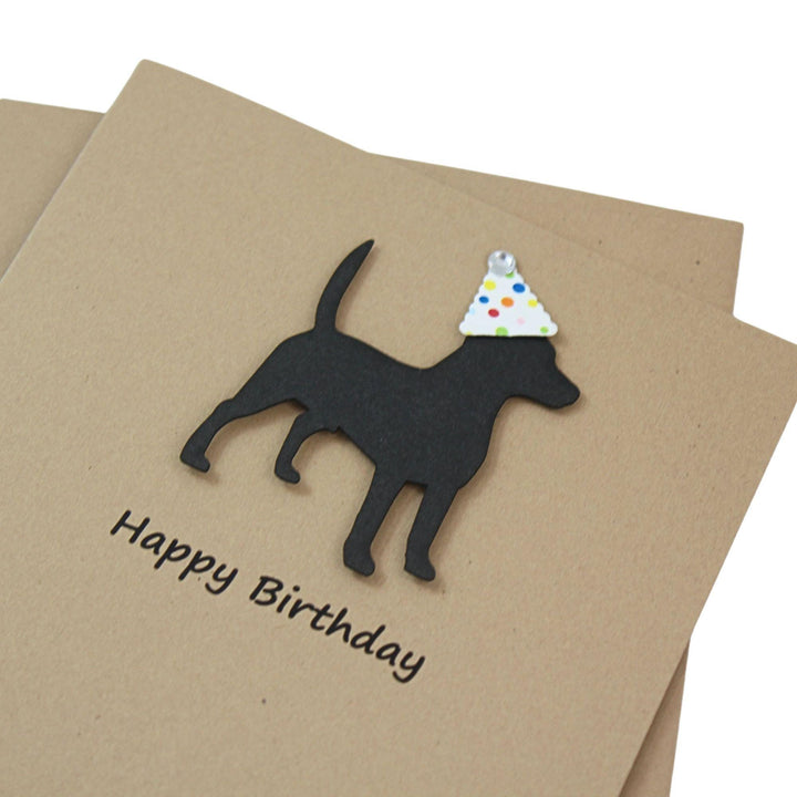 Beagle Birthday Card Single | Handmade Dog Birthday Greeting Card | Confetti Party Hat | Black Dog Silhouette | Kraft Brown Envelope