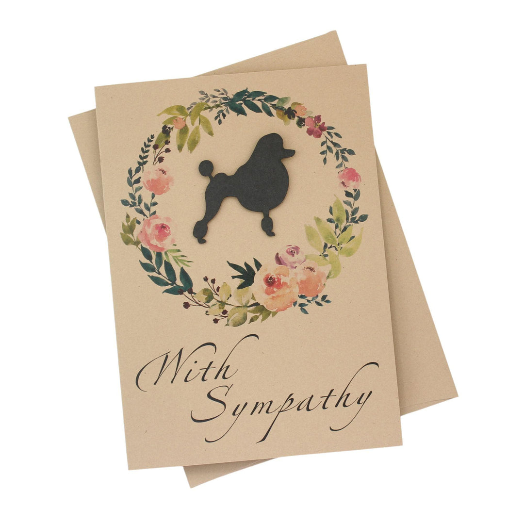Black Poodle Floral Wreath Sympathy Card | Continental Clip Dog Silhouette | Handmade 5x7 Pet Condolences Greeting | Kraft Brown