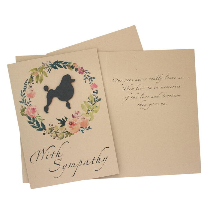 Black Poodle Floral Wreath Sympathy Card | Continental Clip Dog Silhouette | Handmade 5x7 Pet Condolences Greeting | Kraft Brown
