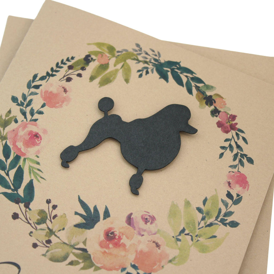 Black Poodle Floral Wreath Sympathy Card | Continental Clip Dog Silhouette | Handmade 5x7 Pet Condolences Greeting | Kraft Brown