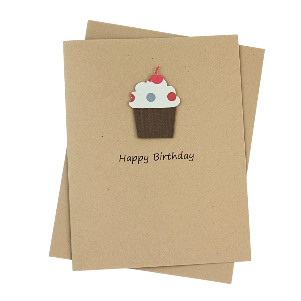 Cupcake Birthday Cards | Handmade Pack of 10 Kraft Brown with Envelopes | Blank Inside | Cherry on top dimensional Greeting Notecards