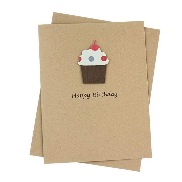Cupcake Birthday Cards | Handmade Pack of 10 Kraft Brown with Envelopes | Blank Inside | Cherry on top dimensional Greeting Notecards