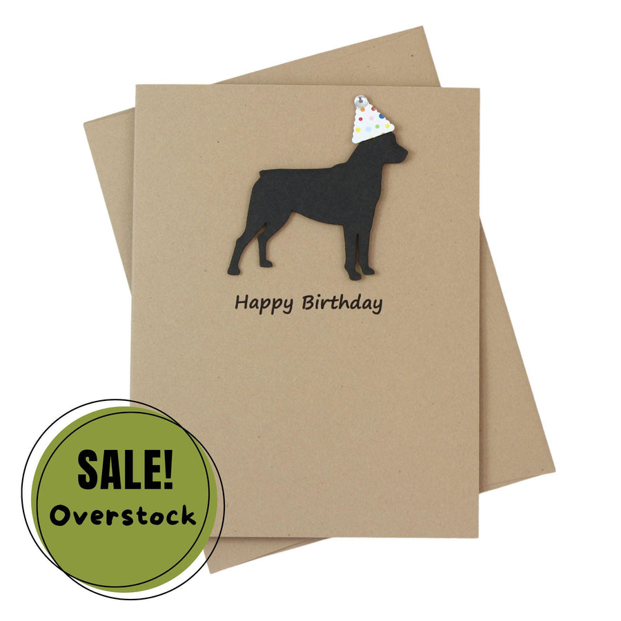 Rottweiler Birthday Card Single | Handmade Dog Birthday Greeting Card | Confetti Party Hat | Black Dog Silhouette | Kraft Brown Rottie