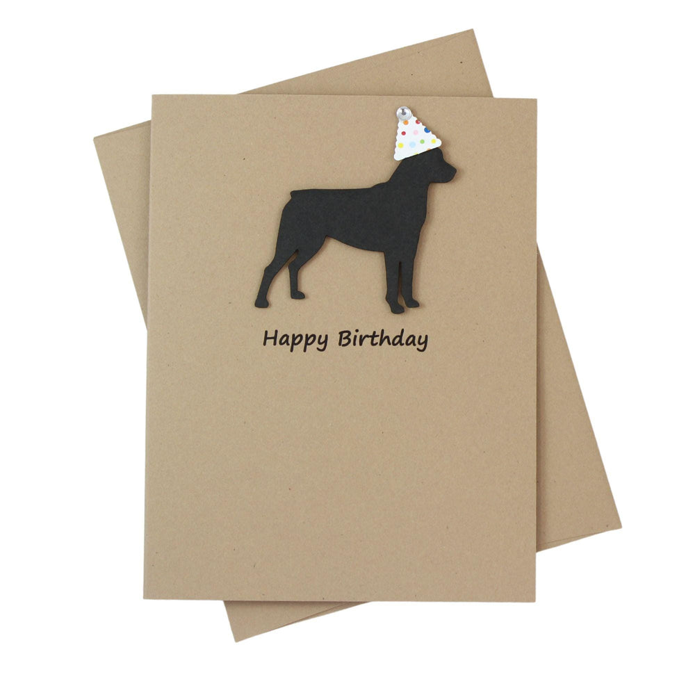 Rottweiler Birthday Card Single | Handmade Dog Birthday Greeting Card | Confetti Party Hat | Black Dog Silhouette | Kraft Brown Rottie