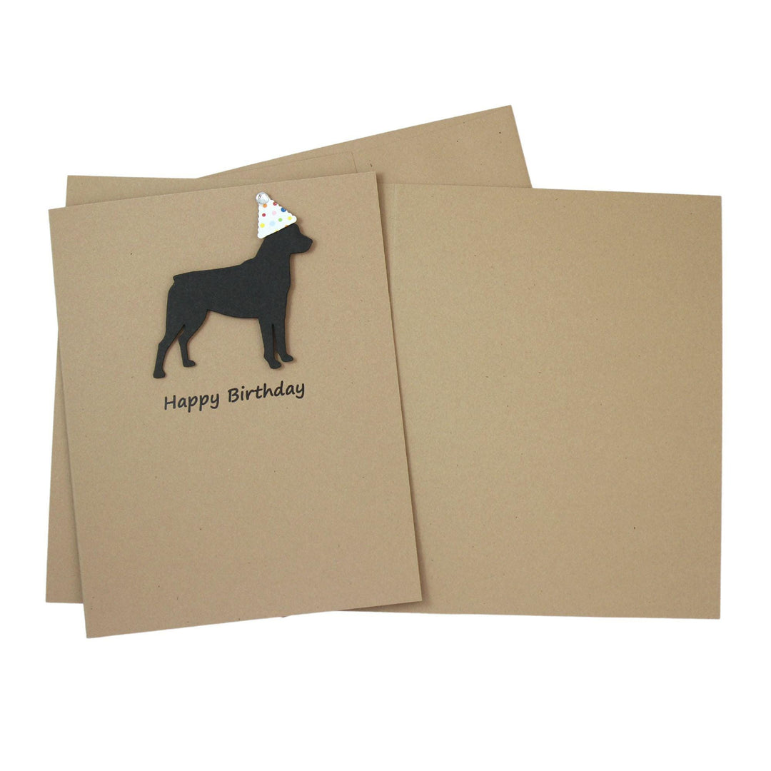 Rottweiler Birthday Card Single | Handmade Dog Birthday Greeting Card | Confetti Party Hat | Black Dog Silhouette | Kraft Brown Rottie