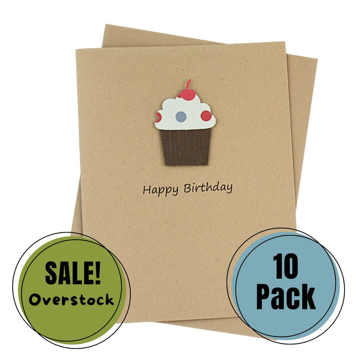 Cupcake Birthday Cards | Handmade Pack of 10 Kraft Brown with Envelopes | Blank Inside | Cherry on top dimensional Greeting Notecards