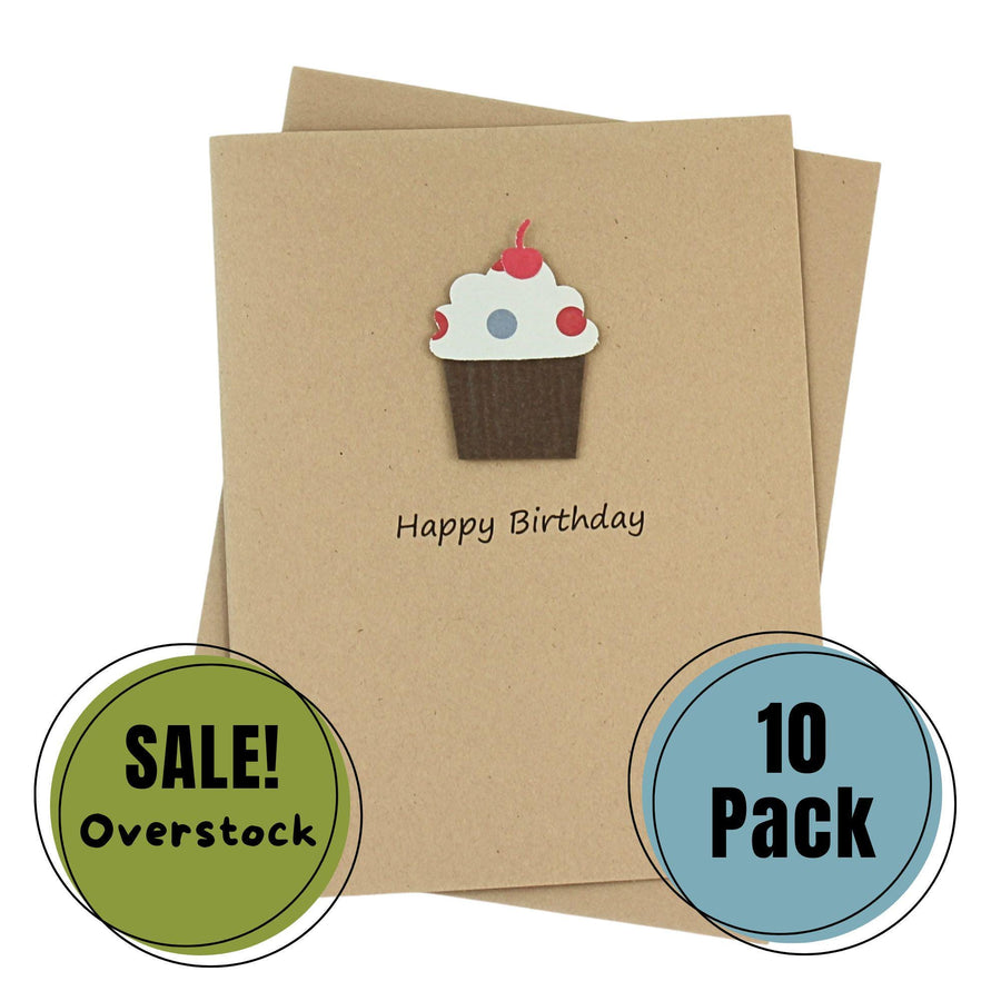 Cupcake Birthday Cards | Handmade Pack of 10 Kraft Brown with Envelopes | Blank Inside | Cherry on top dimensional Greeting Notecards