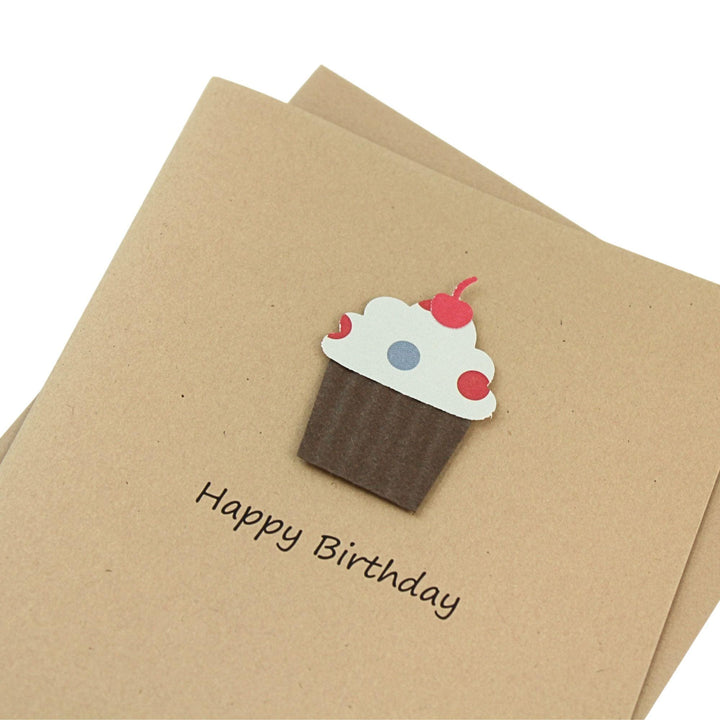 Cupcake Birthday Cards | Handmade Pack of 10 Kraft Brown with Envelopes | Blank Inside | Cherry on top dimensional Greeting Notecards