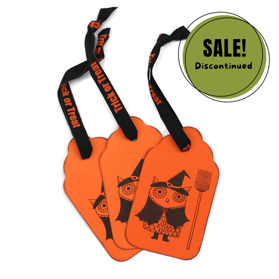 Halloween Gift Tag - Orange with Owl Witch - Pack of 3 with Trick or Treat Ribbon