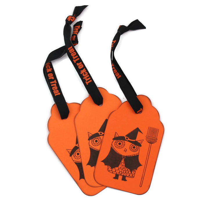 Halloween Gift Tag - Orange with Owl Witch - Pack of 3 with Trick or Treat Ribbon